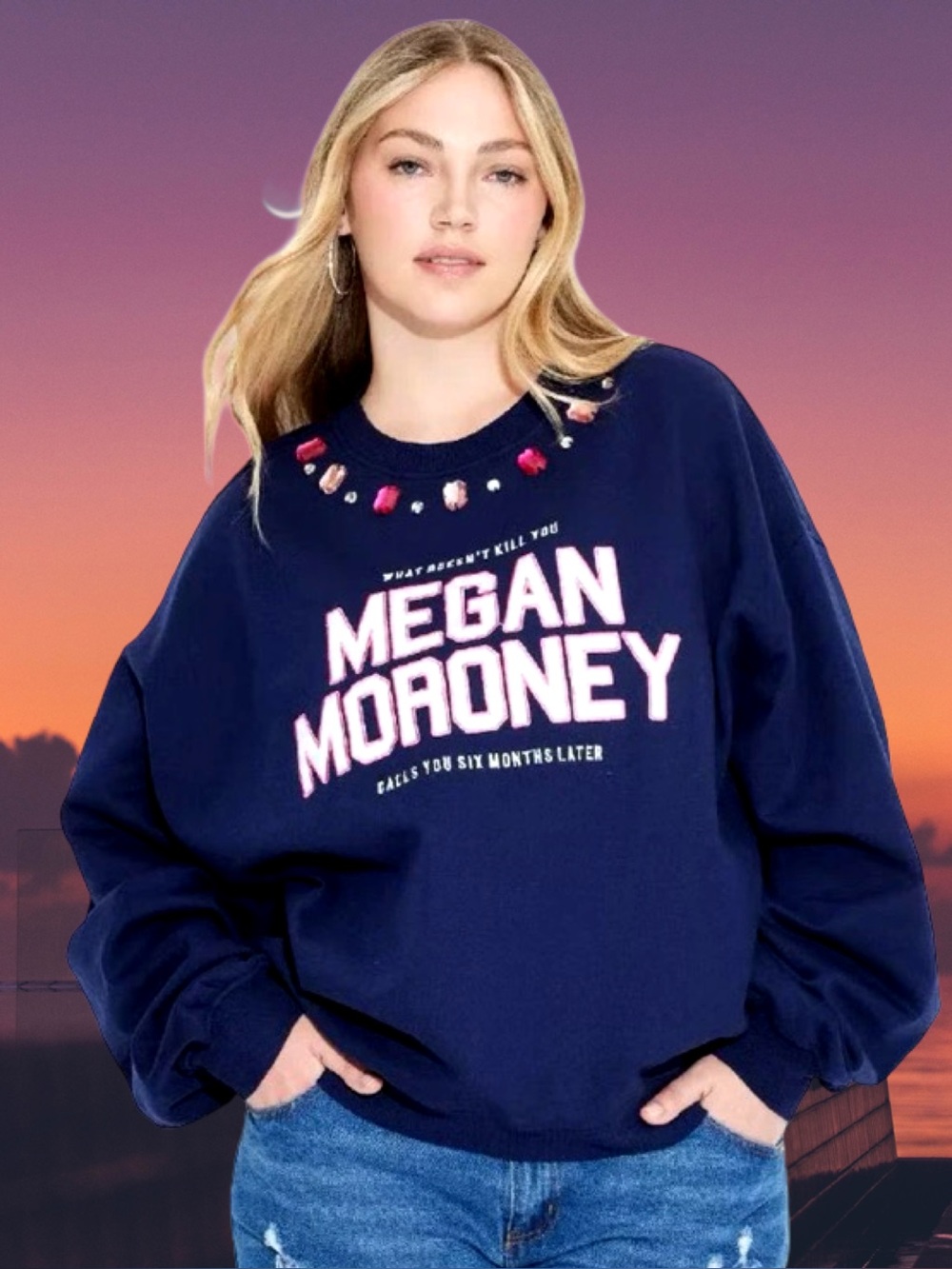 Women’s plus-size Navy Blue Bejeweled “Megan Moroney” Crewneck Sweatshirt⭐️⭐️3X